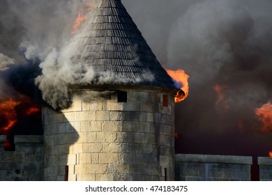 PRAGUE, CZE - AUG 26, 2016: Huge Fire Of Decoration Of Knightfall Serial Scenery At Barrandov Movie Ateliers, Prague, Czech Republic.