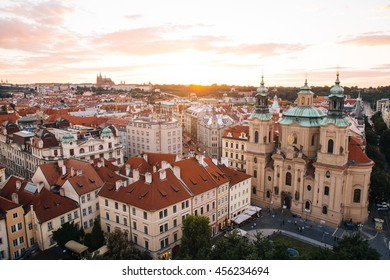 Prague, Czech Republic - 04 July 2016. The summer photo from above of Praha, Chezh Republic capital like a point of travel destination. Sunset
