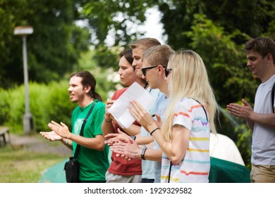 Prague, Czech Republic - 06.15.2019: Young People Clap Their Hands In The Street