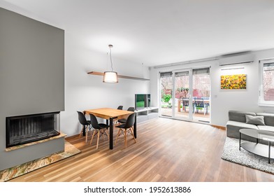 PRAGUE, THE CZECH REPUBLIC, 18.8.2020 - Cozy Living Room In Modern Timeless Style With Fireplace And Wooden Floor