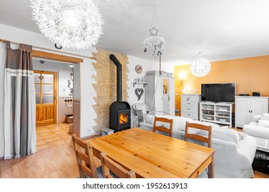 PRAGUE, THE CZECH REPUBLIC, 18.8.2020 - Cozy Living Room In Modern Rustic Timeless Style With Fireplace