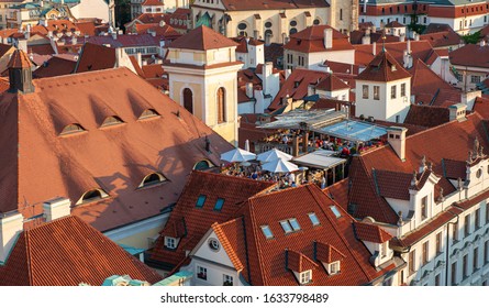 Prague / Czech Republic - 2014: Rooftop Sky Bar Top View During An Evening Light