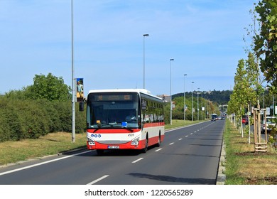 Prague, Czech Republic, 2018: Modern Public Transport Bus, Line AE In A Direction Of Václav Havel Airport In Evropská Street