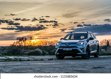 PRAGUE, THE CZECH REPUBLIC, 23. 4. 2018: Toyota RAV4 Hybrid, model year 2018 in Czech in sunset
