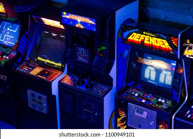 Prague, Czech Republic - 29 July 2017 - Detail On 90s Era Old Arcade Video Games In A Gaming Bar Arkadovehry