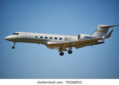 PRAGUE, CZECH REPUBLIC - April 01, 2012: Gulfstream G V Landing At Prague Vaclav Havel Airport