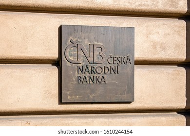 Prague, Czech Republic - April 05, 2018: Czech National Bank Signboard. The CNB Is The Central Bank Of The Czech Republic, The Supervisor Of Financial Market And Resolution Authority.