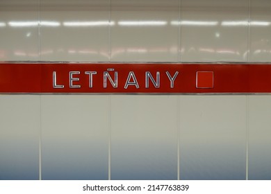 Prague, Czech Republic - April 10 2022: Name sign of Letnany Station on the terminus of Prague Metro Red Line C in Prague, Czech Republic. High quality photo