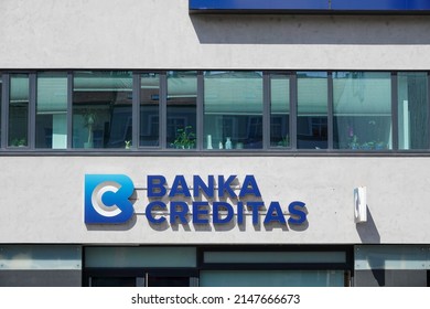 Prague, Czech Republic - April 11 2022: Logo of Banka Creditas in front of their main office in Prague, Florenc. Creditas is a former Czech Credit Union which became a retail bank. High quality photo