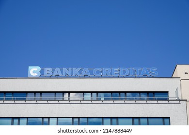 Prague, Czech Republic - April 11 2022: Logo of Banka Creditas in front of their main office in Prague, Florenc. Creditas is a former Czech Credit Union which became a retail bank. High quality photo