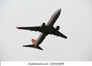 PRAGUE, CZECH REPUBLIC - APRIL 15, 2018: B737-800 of Fly Pegasus airline taking off from Prague airport.