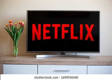 PRAGUE, CZECH REPUBLIC - April 2nd, 2020 TV, television with netflix logo on background, Netflix is a global provider of streaming movies and TV series, film concept