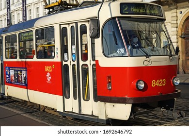 Prague, Czech Republic - April 3 2020: Tram Driver With Protecting Mask During Coronavirus Covid-19 Outbreak