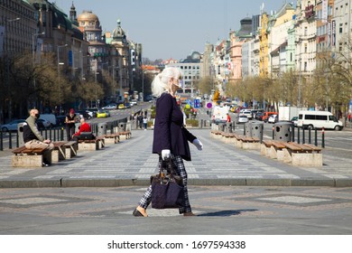 Prague, Czech Republic - April 4th 2020: Coronavirus (Covid-19) Measures On The Streets Of Prague. 