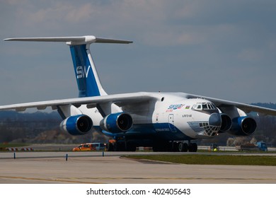 PRAGUE, CZECH REPUBLIC - APRIL 6:  Rare Aircraft Ilyushin IL-76 Arrival To PRG Airport On April 6, 2016. Silk Way Airlines Is A Cargo Airline From Azerbaijan.