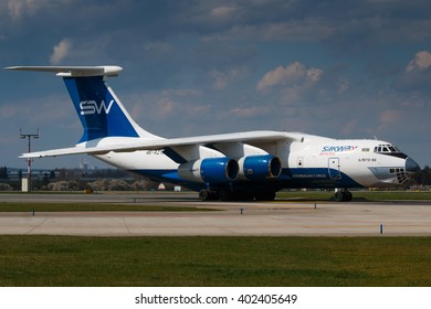 PRAGUE, CZECH REPUBLIC - APRIL 6:  Rare Aircraft Ilyushin IL-76 Arrival To PRG Airport On April 6, 2016. Silk Way Airlines Is A Cargo Airline From Azerbaijan.