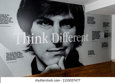 PRAGUE, CZECH REPUBLIC - AUG 6, 2017: Think Different slogan and young Steve Jobs photo, Apple museum in Prague.