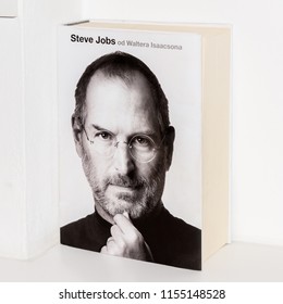 PRAGUE, CZECH REPUBLIC - AUG 6, 2017: Steve Jobs On The Cover Of The Walter Isaacson Biography Book, Apple Museum In Prague.