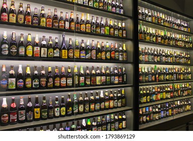 Prague, Czech Republic - August 1, 2020, Many Different Beers On The Shelf Of The Prague Beer Museum