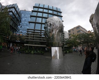 PRAGUE, Czech Republic - AUGUST 1 2022:Franz Kafka-Rotating Head (Otočná Hlava) Prague,Czech Republic, Europe,street Art, Moving Metal Statue,outdoor Sculpture By David Černý-kinetic Sculpture