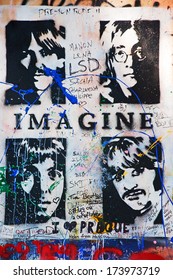 PRAGUE, CZECH REPUBLIC - AUGUST 18, 2011: John Lennon Wall On Kampa Island Famous For Graffiti Made By Beatles Fans