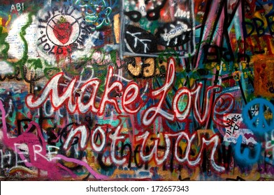 PRAGUE, CZECH REPUBLIC - AUGUST 23, 2012: John Lennon Wall On Kampa Island With 