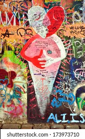 PRAGUE, CZECH REPUBLIC  - AUGUST 26, 2009: John Lennon Wall On Kampa Island Famous For Graffiti Made By Beatles Fans.