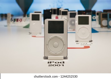 Prague, Czech Republic - August 28, 2018: Range of iPods inside Apple Museum in Prague, the largest private collection of Apple products around the world.
