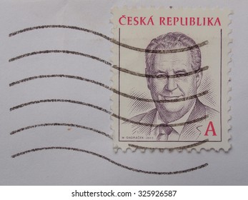 PRAGUE, CZECH REPUBLIC - CIRCA AUGUST 2014: Mail Stamp Bearing The Portait Of President Milos Zeman