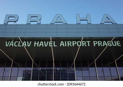 Prague, Czech Republic - December 18 2021: Name Sign Of Praha Vaclav Havel Airport Prague On The Building Of Prague International Airport.