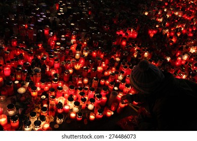 PRAGUE, CZECH REPUBLIC - DECEMBER 22, 2011: People Light Candles In Memoriam Late Czech President Vaclav Havel In Wenceslas Square In Prague, Czech Republic.