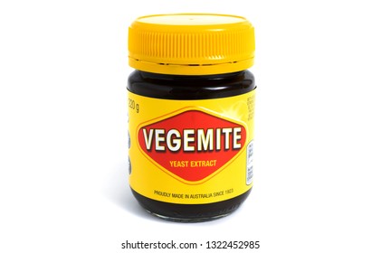 Prague, CZECH REPUBLIC - February 21, 2019: A studio shot of a 220g jar of Vegemite. Vegemite is a very popular yeast based spread in Australia