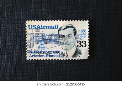 Prague, Czech Republic - February 25 2022: Vintage US Postal Stamp With Image Of Albert V Verville, Aviation Poineer