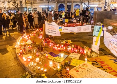 PRAGUE, CZECH REPUBLIC - FEBRUARY 27, 2022: Candles lit on the Wenceslas Square in Prague as a protest against Russian invasion of Ukraine , Czech Republic.