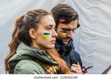 PRAGUE, CZECH REPUBLIC - FEBRUARY 27, 2022: Participants of the protest against Russian invasion of Ukraine on the Wenceslas Square in Prague, Czech Republic.