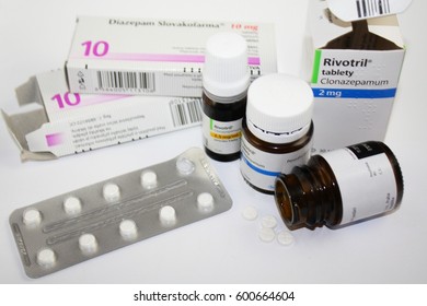 Prague, Czech republic -February 9, 2017: Photo of few boxes, bottles,  containers and blister of benzodiazepine drugs. Clonazepam, rivotril, diazepam. 