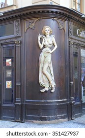 Prague, Czech Republic, female sculpture in art nouveau style on corner of a building