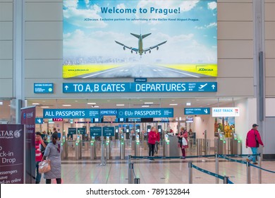 PRAGUE, CZECH REPUBLIC - JANUARY 04, 2018: Passport Control Entrance Area For EU And Other Passport Holders