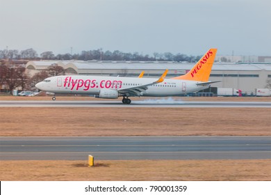 PRAGUE, CZECH REPUBLIC - JANUARY 04, 2018: Pegasus Airlines Landing To  Václav Havel Airport, Czech Republic