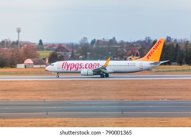 PRAGUE, CZECH REPUBLIC - JANUARY 04, 2018: Pegasus Airlines Landing To  Václav Havel Airport, Czech Republic