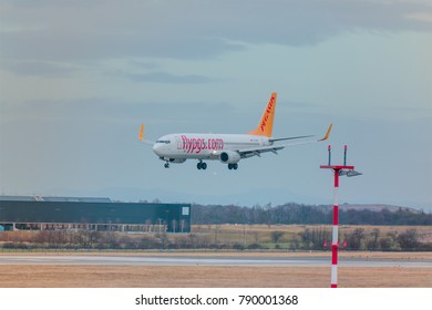 PRAGUE, CZECH REPUBLIC - JANUARY 04, 2018: Pegasus Airlines Landing To  Václav Havel Airport, Czech Republic