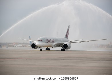 Prague, Czech Republic - January 11, 2018: Washing Biggest, Longest Commercial Plane Boeing Dreamliner 787 Landing On Airport In Prague