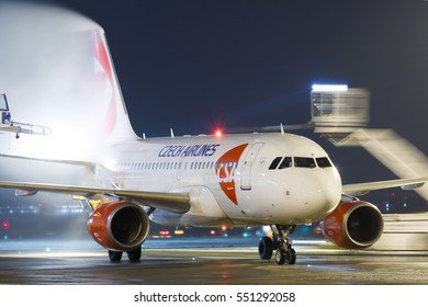 PRAGUE, CZECH REPUBLIC - JANUARY 6: CSA - Czech Airlines Airbus A319-112 during de-icing procedure at PRG Airport on January 6, 2017. CSA is the national airline of the Czech Republic - Shutterstock ID 551292058