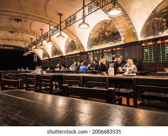 Prague, Czech Republic - July 2 2021: U Fleku Brewery Beer Hall And Restaurant Interior With Guests.