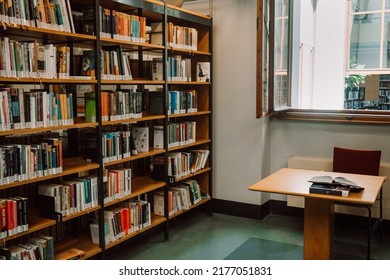 Prague, Czech Republic - July, 2022. Public Municipal Library With Colorful Paper Books On Shelves. Education, Science, Literature Concept. High Quality Photo