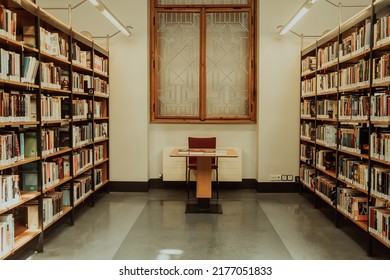 Prague, Czech Republic - July, 2022. Public Municipal Library With Colorful Paper Books On Shelves. Education, Science, Literature Concept. High Quality Photo