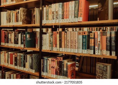 Prague, Czech Republic - July, 2022. Public Municipal Library With Colorful Paper Books On Shelves. Education, Science, Literature Concept. High Quality Photo