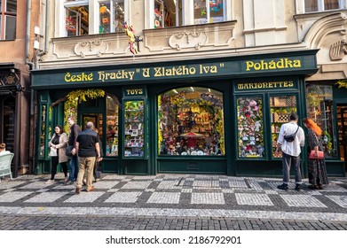 Prague, Czech Republic - July 2022:  Decorative Facade Of An Ancient Toy Store In The Old Town Of Prague, Czechia.