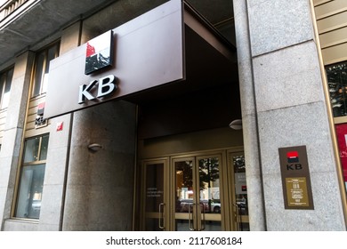Prague, Czech Republic - July 22, 2020: Komerční banka bank branch. KB is a major Czech bank and the parent company of KB Group, a member of the Société Générale international financial group