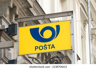 Prague, Czech Republic - July 24, 2020: Banner of Czech Post (Česká pošta), the state owned postal company of the Czech Republic 